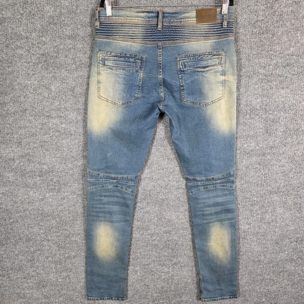 KDNK Denim Jeans Mens 34x32  Blue Moto Destroyed Distressed Ankle Zip 11 4 14 11